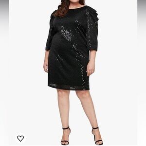 SLNY Black Sequence Puff Sleeve Mid-Length Dress